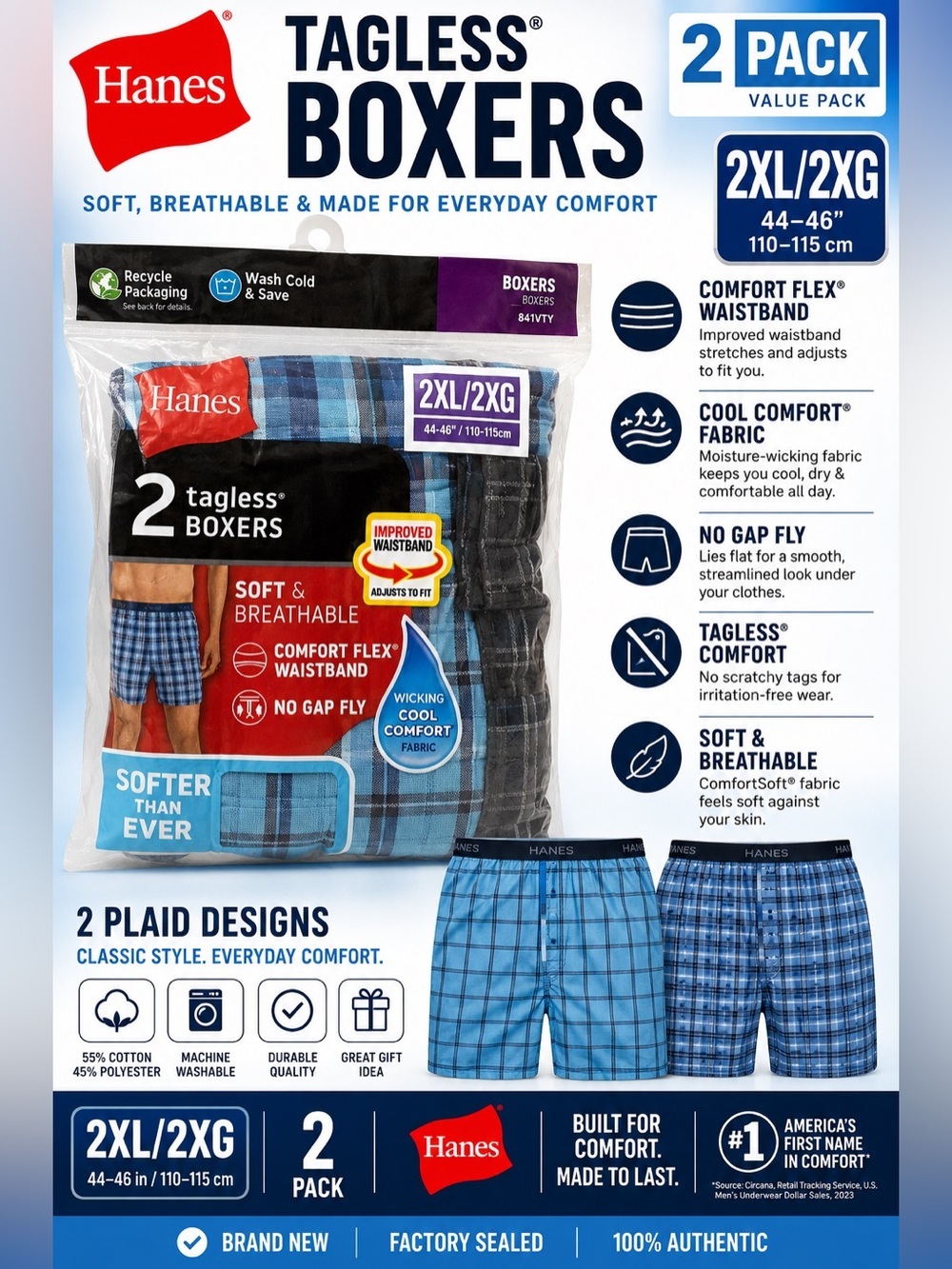Hanes Men's Plaid Boxers 2 Pack Tagless Comfort Flex Cool Comfort 2XL 44-46 - Picture 2 of 12